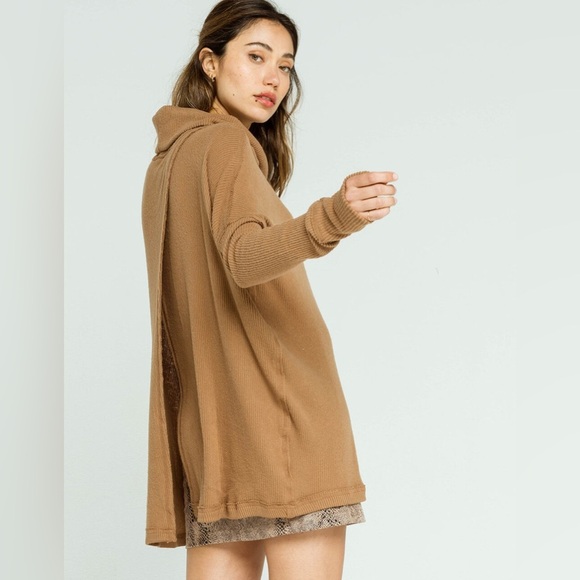 Free People Juicy Light Brown Ribbed Knit Cowl Neck Sweater Camel Small - Picture 4 of 15